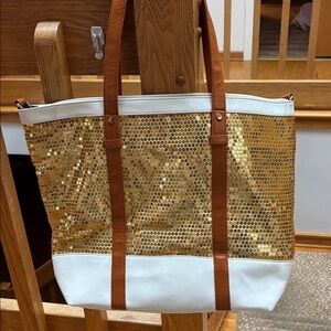 J FRANCIS gold sequin duffel bag full leather straps new with tag